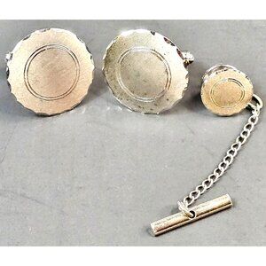 Ridley MCM Silver Cufflinks Tie Tack Set Scalloped Edge Design Mens Jewelry
